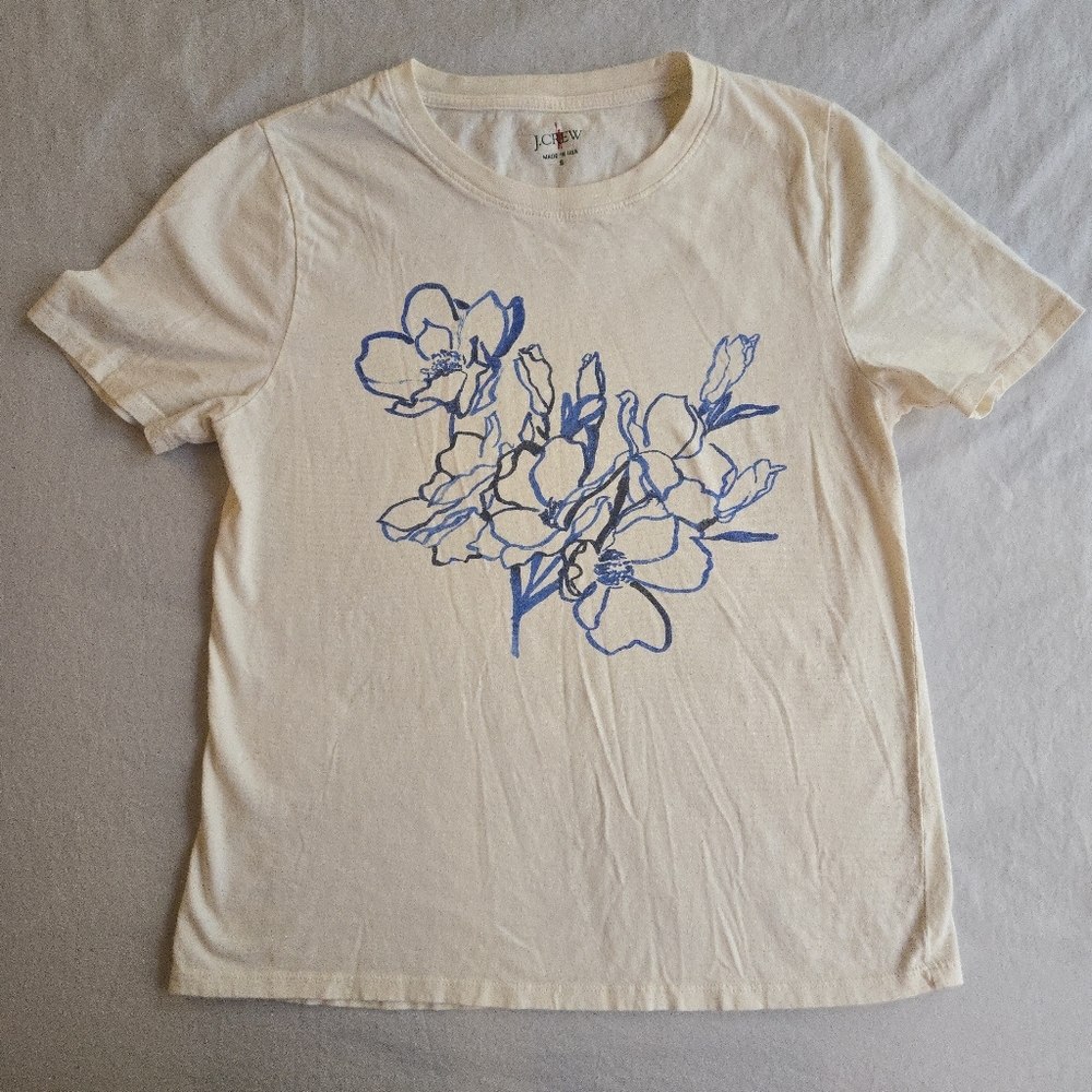 J. Crew Painted Floral Ivory Off White Tshirt Made in the US
